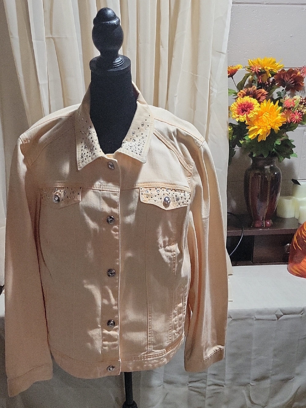 Chico's Peachy Beige Studded Women’s Jean Jacket with Decorative Collar